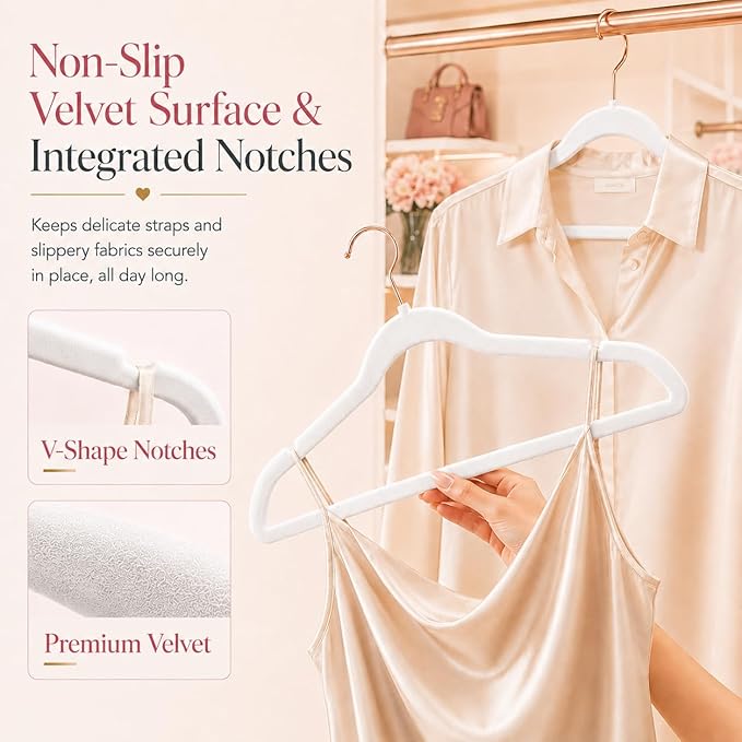 Smartor White Velvet Hangers 50 Pack, Non Slip Clothes Felt Hanger Heavy Duty for Coat, 360° Rotating Rose Glod Hook, Premium Slim Space Saving Hangers for Closet Organizer and Storage