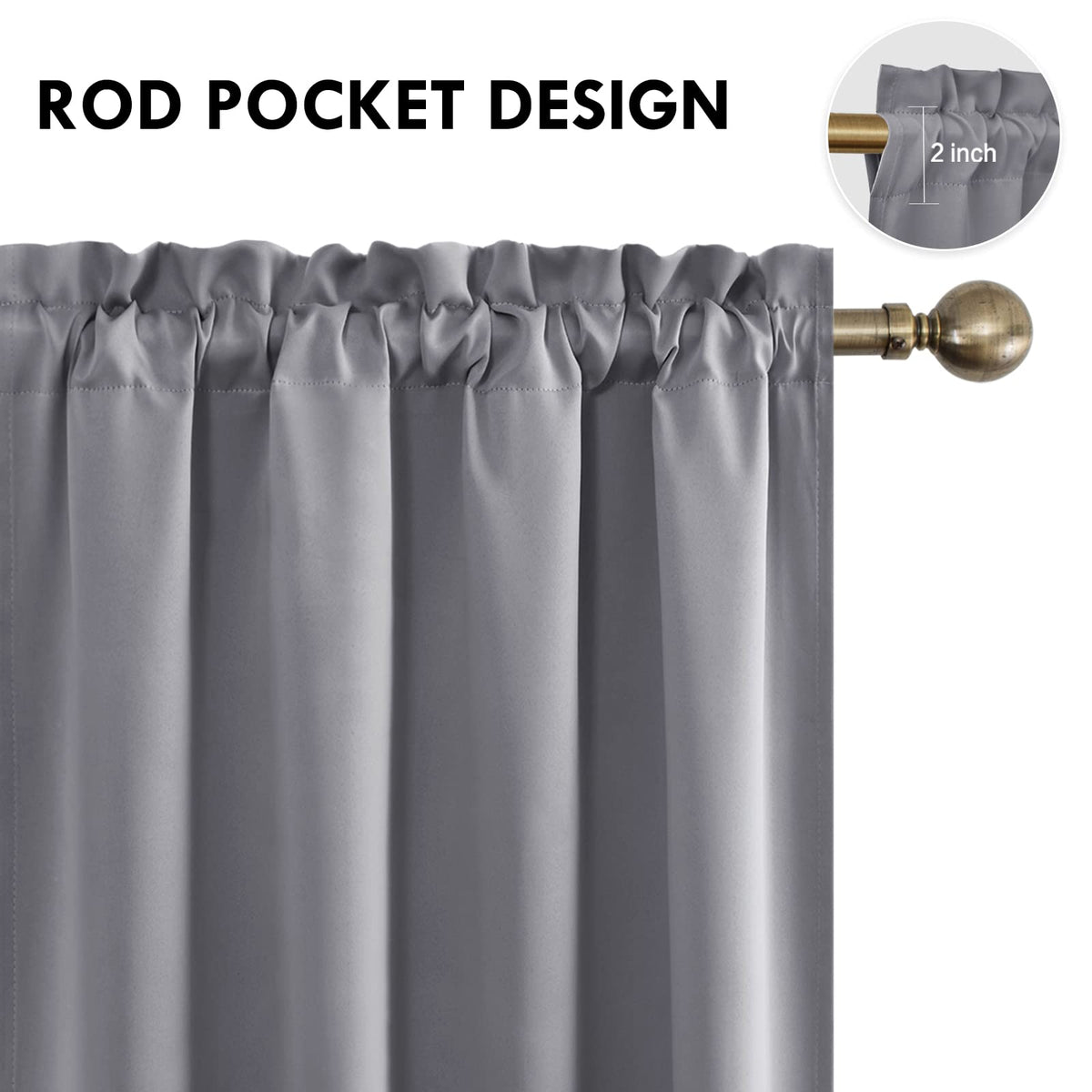 Blackout Curtains for Bedroom Living Room 52 x 45 Inch Long Grey (2 Count)