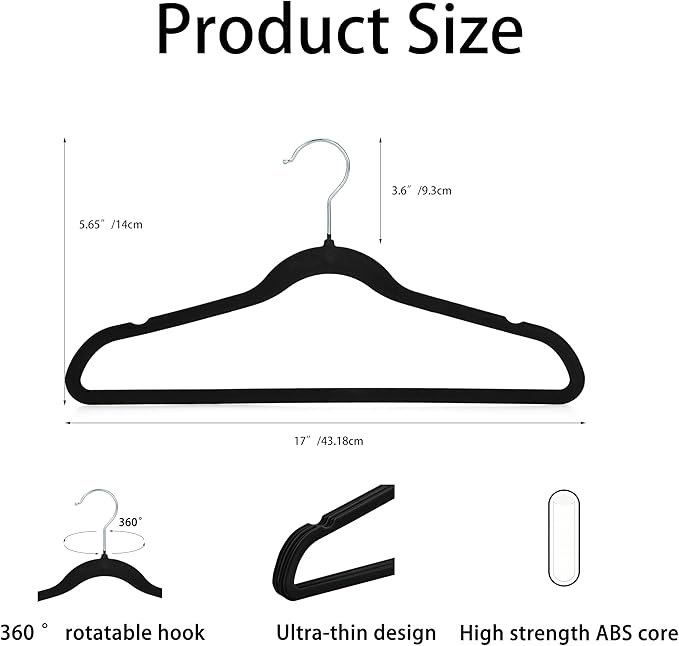 Velvet Hangers 50 Pack, Non Slip Clothes Hanger Felt Hanger with Pants Bar Slim Space Saving Suit Hangers for Closet Organizer, Heavy Duty Coat Hanger, 360° Rotating Hook(Black)