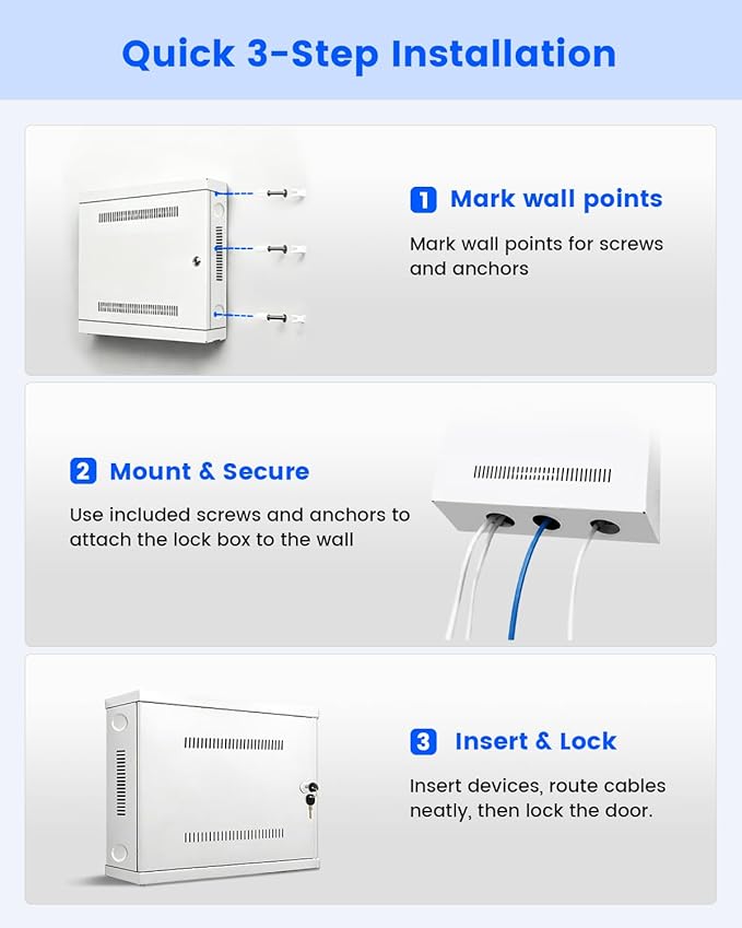 DVR Lock Box & NVR Enclosure, Heavy Duty Lockable Metal Cabinet for CCTV Surveillance, Wall Mount with Ventilation & Cable Management