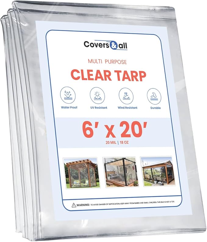 Covers & all Clear Tarp Heavy Duty Waterproof, 20mil Clear Tarp with Grommets, Outdoor Tarp for Patio Covers, Porch Screens, Greenhouses, Chicken Coop (6' H x 20' W Feet), Indoor or Outdoor Use