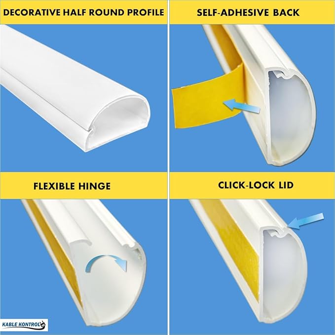 Kable Kontrol Half Round Cord Hider, Cable Cover, Hide TV Wall Mount Wires, Raceway for Cords, Decorative Wire Covers, Paintable, Adhesive Cable Concealer - 1.2in W x 0.50in H x 40in L– 20 Pcs - White
