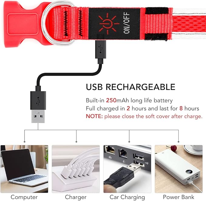 YFbrite Light up Dog Collar, USB Rechargeable LED Puppy Collar Super Bright Adjustable Glowing Dog Lights for Night Walking (Red, Large)