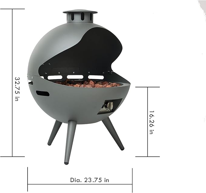 24-Inch Outdoor Propane Fireplace with 20 lb Tank Cover, 55,000 BTU Chimenea Propane Fire Pit, Hemispherical 3-Legged Firepit with Lava Rocks and Rain Cover, Gray