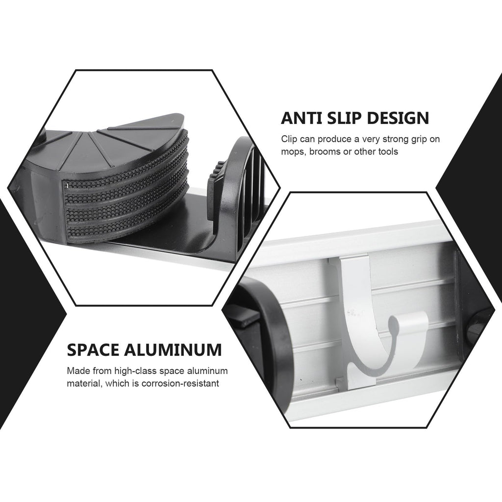 Punch free Wall Mounted Mop and Broom Holder Space Aluminum Rack with 4 Hooks Black Organizer for Cleaning Supplies Storage in Laundry Garage