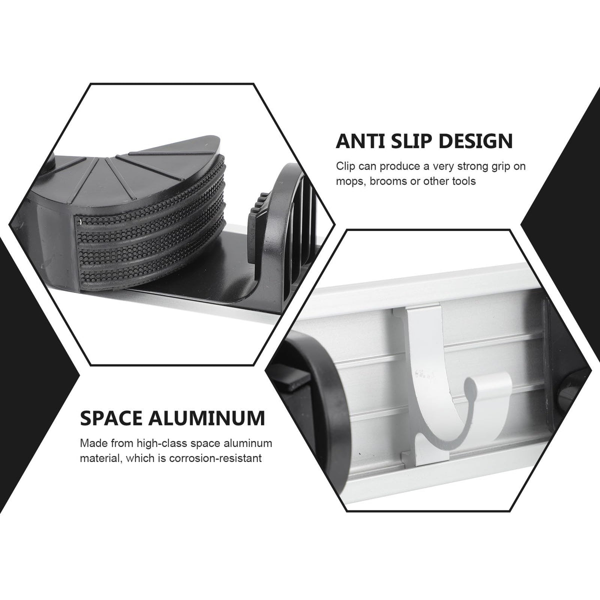 Punch free Wall Mounted Mop and Broom Holder Space Aluminum Rack with 4 Hooks Black Organizer for Cleaning Supplies Storage in Laundry Garage