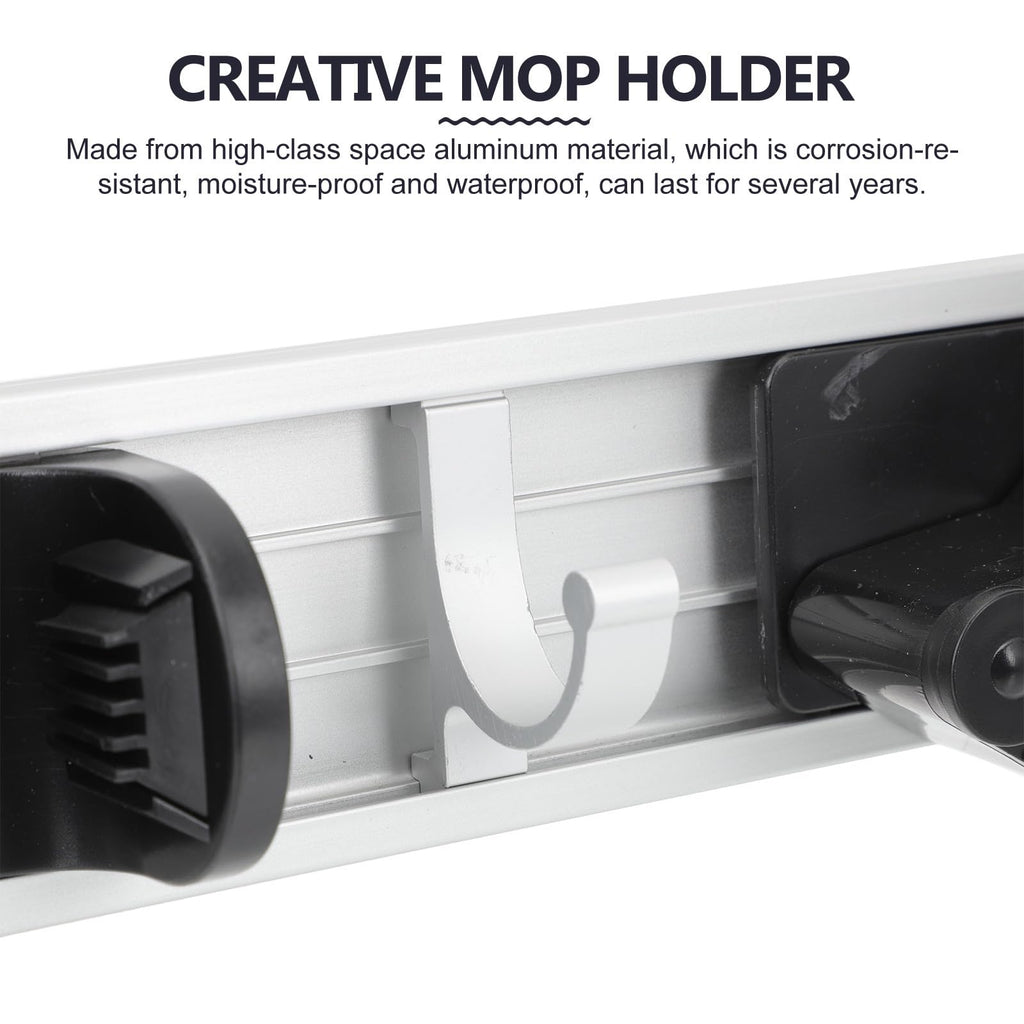 Punch free Wall Hanging Mop Holder with 4 Hooks Space Aluminum Mop and Broom Rack Black for Kitchen and Garage Storage Organizer