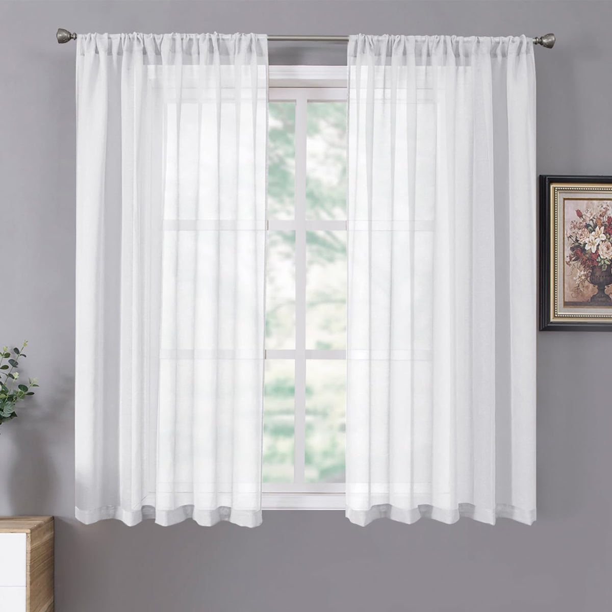 Short Sheer Curtain Living Room Linen Textured Curtains Sheer Light Filtering Voile Rod Pocket Curtain for Bedroom (2 Count)