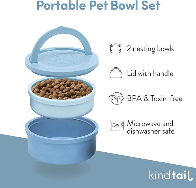 KindTail Dog Travel Bowls - Set of 2 Portable Pet Food & Water Dishes with Lid & Handle - Each Nesting Container Includes a Non-Slip Silicone Base - Microwave & Dishwasher Safe - BPA & Toxin-Free