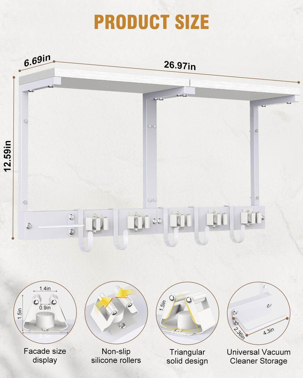 Large Broom Holder Wall Mount with Shelf