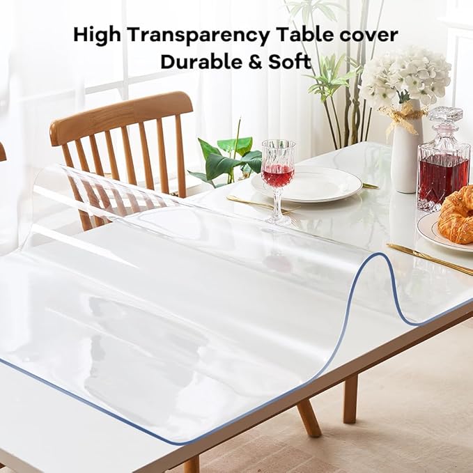 Round 50 in Clear PVC Table Cover Mat Dining&Living Room Table Protector Clear Plastic Tablecloth Protector Wipeable Protective Desk Top Topper Cover Wood Furniture Kitchen Coffee Bar Dinner Tabletop
