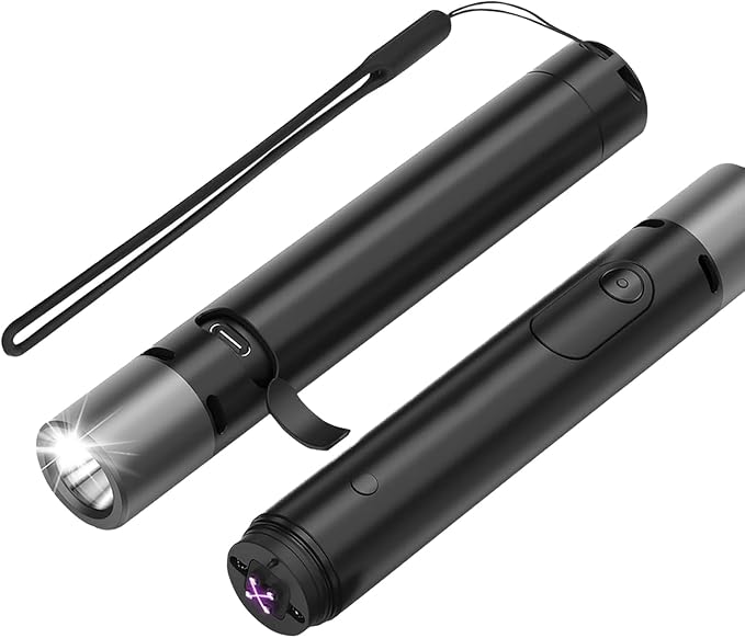 Tactical Flashlight 500 Lumens, LED Flashlight Rechargeable with Lighter & Alarm, 150m Beam Distance, USB-C 5V EDC Flashlight, Compact Handheld Light for Camping, Hiking, Fishing, Cycling (Black)