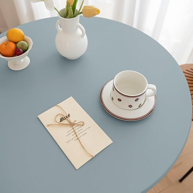 Round Fitted PU Tablecloth with High Elastic Edge 35 Inch Dia Waterproof Oil Proof Table Cloth Anti-Scald Stain-Resistant Wipeable Table Cover for Indoor Outdoor Picnic (Blue,35" Dia)
