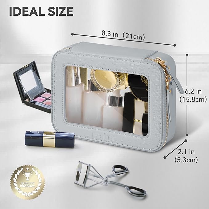 Prite Clear Makeup Bag Cosmetic Organizer Case Waterproof Travel Toiletry Bag Skincare Pouch with Golden Zipper(Grey)