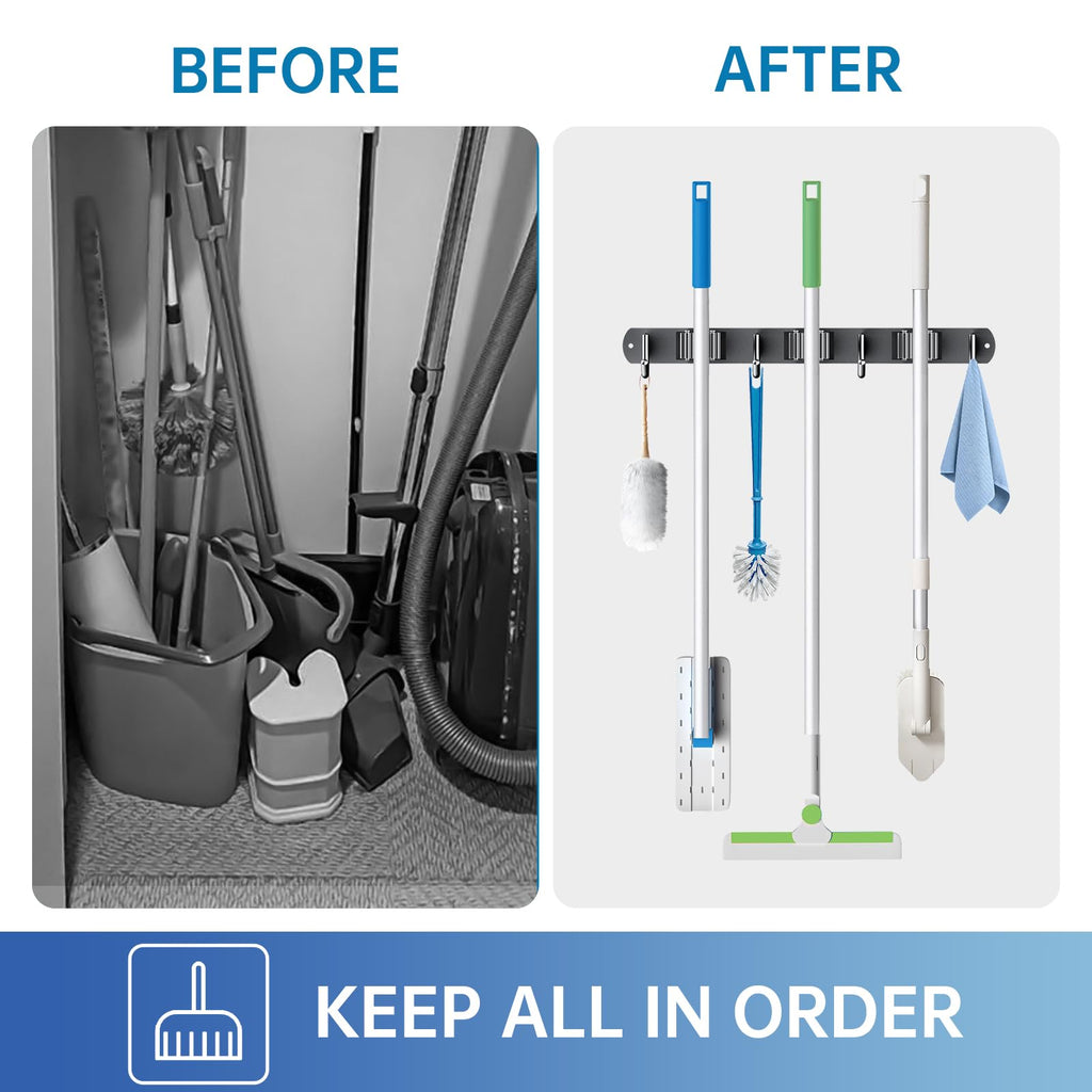 Wall Mount Broom Holder 3 Racks 4 Hooks Metal Tool Organizer Black