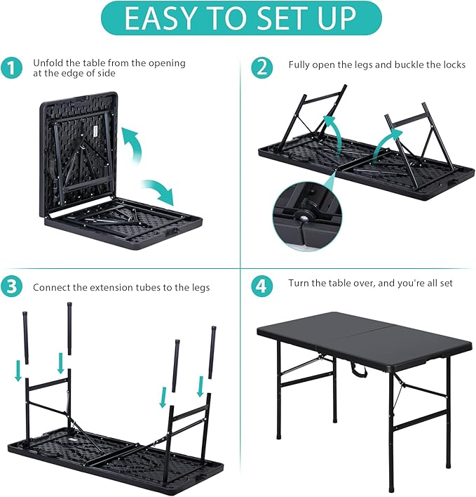 ZENY 4ft Portable Folding Table Plastic Indoor Outdoor Picnic Party Camp Dining Table with Handle, Black