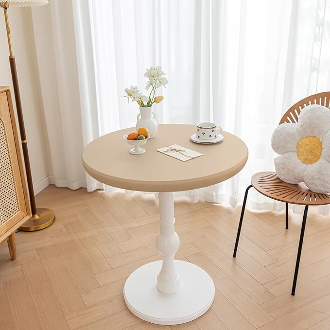 Round Fitted PU Tablecloth with High Elastic Edge 31 Inch Dia Waterproof Oil Proof Table Cloth Anti-Scald Stain-Resistant Wipeable Table Cover for Indoor Outdoor Picnic (Beige,31" Dia)