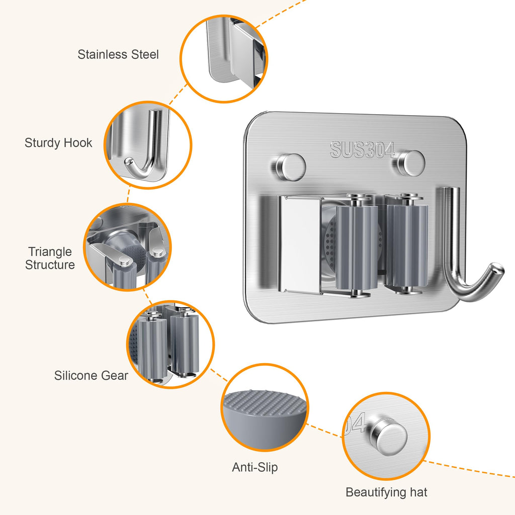 4 Pack Stainless Steel Heavy Duty Broom Holder Wall Mount with Hook (4 Count)