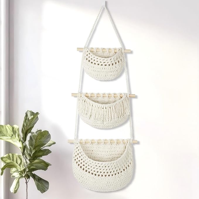Macrame 3-Tier Hanging Wall Basket, Handwoven Jute Storage Organizer, Boho Decor for Kitchen, Bathroom, Living Room, Natural Cotton Rope Fruit Holder (White)