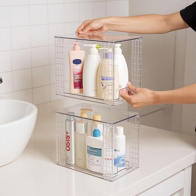 High Clear Stackable Storage Drawers(4 Pack), High-strength Plastic Organizer Bins with Handles for Skincare Bathroom Cabinet Vanity Undersink Kitchen Pantry BPA-Free Storage Containers