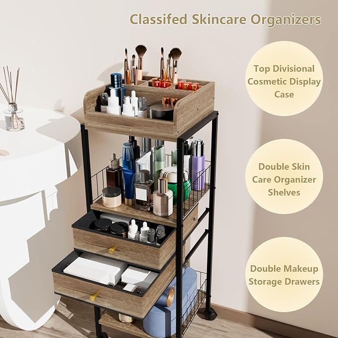 Makeup Organizer Cart Shelf Floor Skincare Organizers Make Up and Station Storage Cabinet For Vanity Standing Cosmetics With Drawers and Wheels For Nail Polish Perfume Hair Tool Beauty(Grey Oak)
