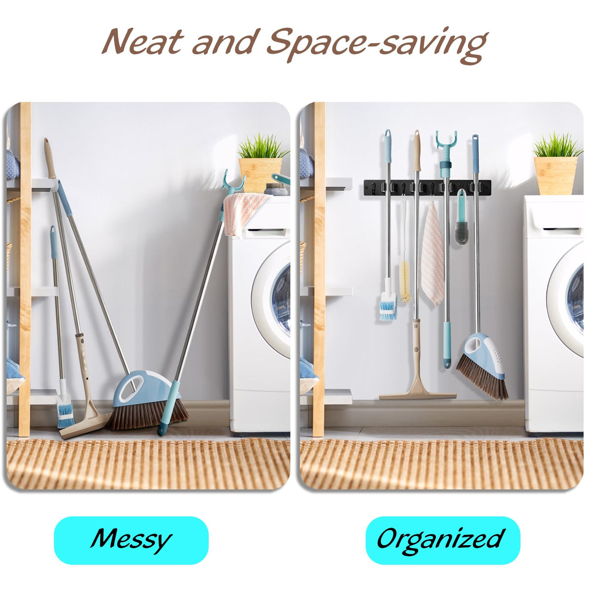 2 Pack Black Mop Broom Holder Wall Mount
