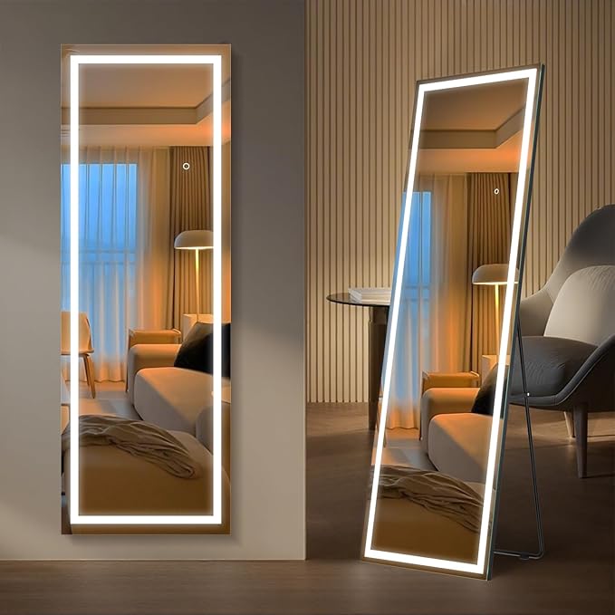 Kosmonia 67x24 Frameless Full Length Mirror, Dimmable 3 Color LED Light w/Memory Function, Distortion Free, HD Reflection & Anti Desilvering, Tempered Glass, Easy Setup w/Stand, Wall/Standing