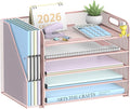 SUPEASY 5-Tier Desk Organizer with File Holder, Desk Organizers and Accessories, Paper Organizer for Desk, Mesh Desktop File Organizer, Workspace Organizers for Office School Home, Pink