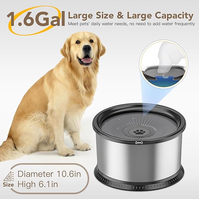 1.6 Gallon Dog Water Bowl, 6.5L/220oz Stainless Steel No Spill Water Bowls for Large Dogs, Super Large Capacity Splash Proof Pet Slow Drinking Water Bowl with Anti-Slip Mat for Mess Drinkers