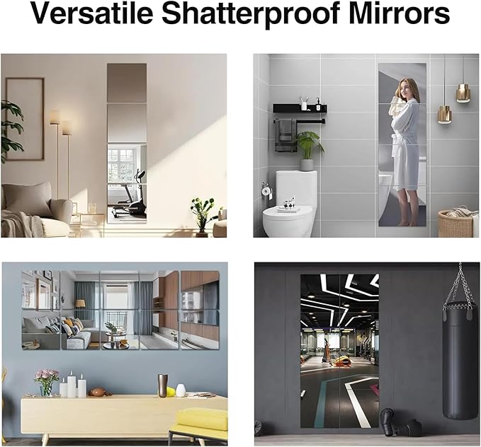 6 Pack 14"x12" Shatterproof Acrylic Mirror Tiles – Self-Adhesive, Unbreakable Wall Mirrors for Kids Room, Bathroom, Bedroom, Closet Door, or Home Gym
