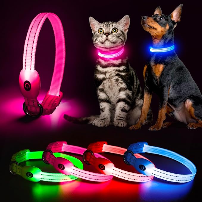 YFbrite Light up Dog Collars for Night Walking, Rechargeable LED Cat Collar, Comfortable Adjustable Lighted Dog Collar Rechargable for Cats, Small, Medium and Large Dogs (Pink, XS)