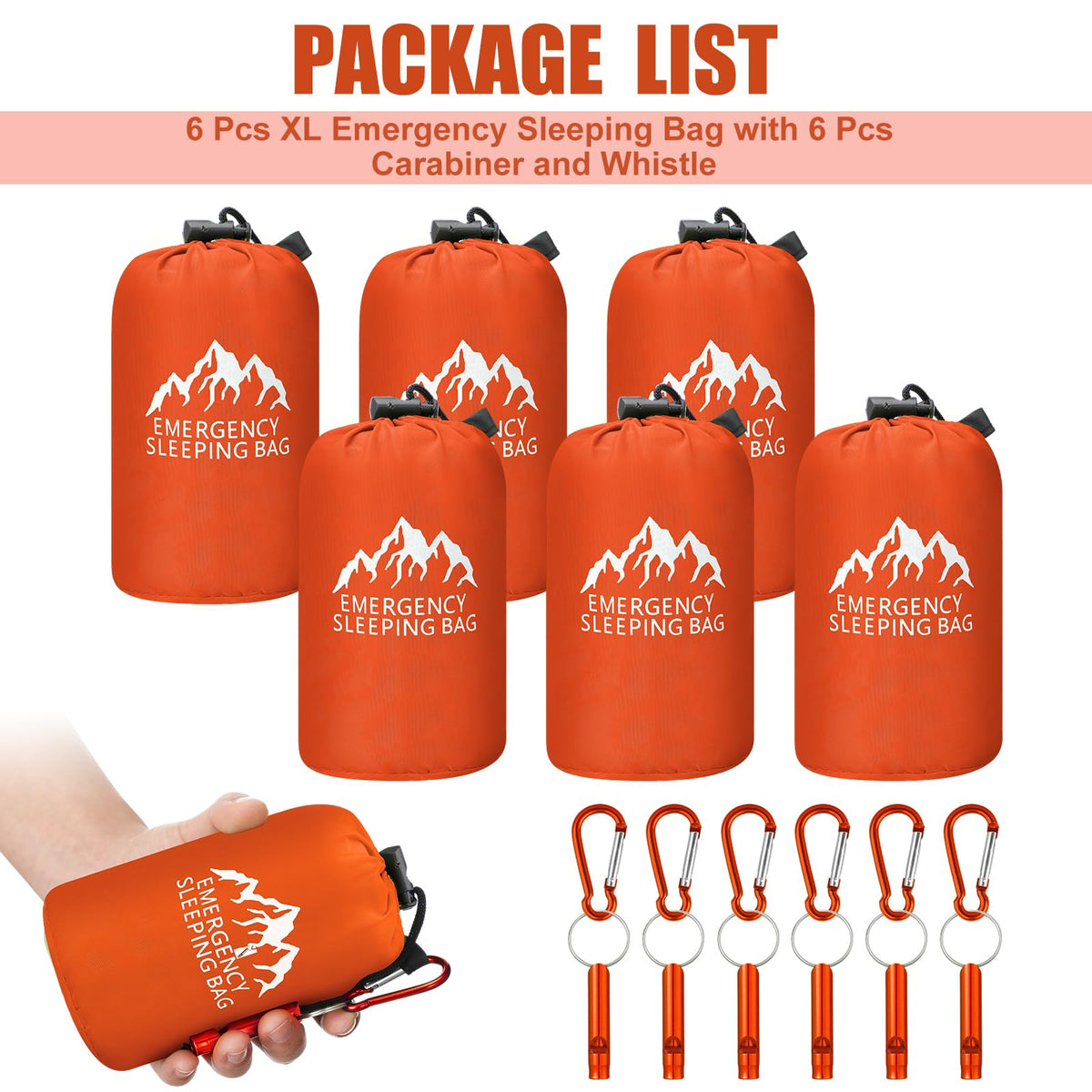 Oudain 6 Pcs XL Emergency Sleeping Bag 94.5" x 49.2" Waterproof Survival Sleeping Bag with Whistle Carabiner Portable Thermal Bivy Sack Emergency Blankets for Camping Hiking Outdoor (Orange)