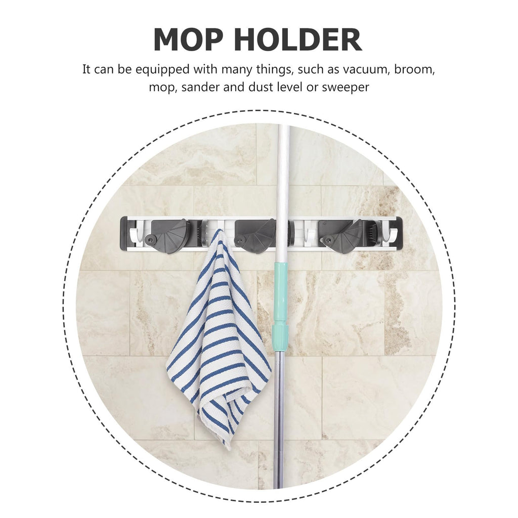 Punch free Wall Mounted Mop and Broom Holder Space Aluminum Rack with 4 Hooks Black Organizer for Cleaning Supplies Storage in Laundry Garage
