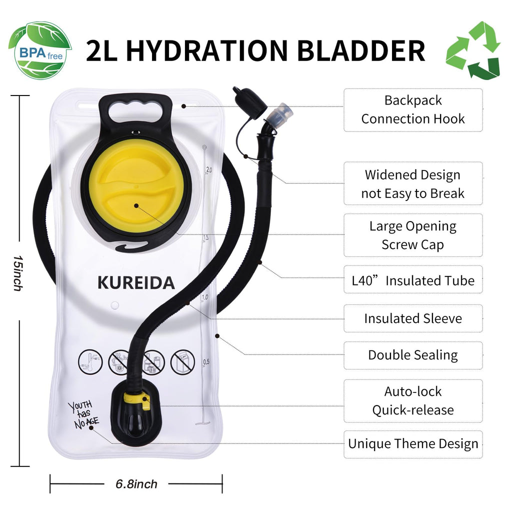 KUREIDA Hydration Bladder 2 Liter, BPA Free Water Bladder for Hiking Backpack Water Storage Bag with Insulated Tube, Hydration Backpack Replacement for Outdoor Camping Running Hiking