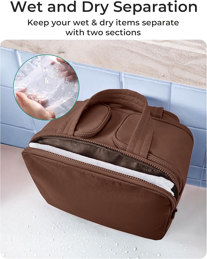 BAGSMART Travel Toiletry Bag, Puffy Toiletry Bag for Women, Wide-open toiletry bags for traveling, Large Travel Cosmetic Makeup Bag Organizer for Accessories,Toiletrie (Coffee Brown)