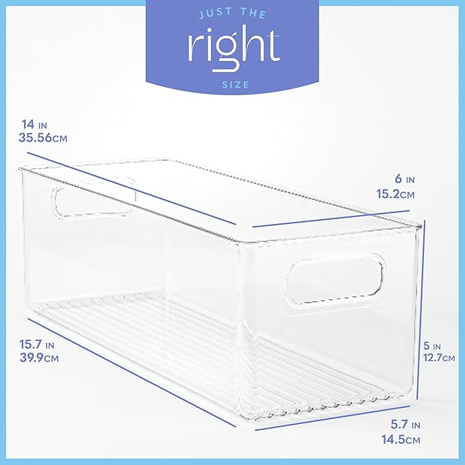 Plastic Food Storage 4 Pack Clear Container Bin with Handles for Organizing Kitchen, Pantry, Fridge, Freezer, Pantry, Bathroom. 14"x6"5"