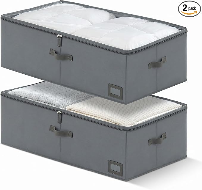 10-Inch Under Bed Storage Containers (2-Pack) | Sturdy Sidewalls | Clear Cover & Label Holder | Foldable Fabric Closet Bin Organizer | Stores Clothing/Blankets/Sweaters/Sheets
