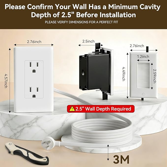 in Wall Cable Management Kit，TV Vord Hider，Outlet Relocation Kit for Relocating Unreachable Electrical Outlets，2 AC Outlets，9.8ft Cord – Easy, Safe Cable Management for Organized TV and Home Setups