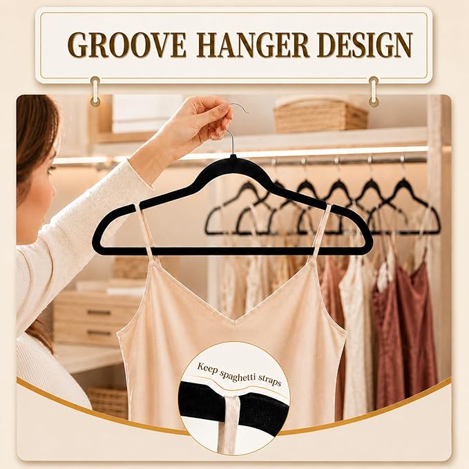 Velvet Hangers 50 Pack, Non Slip Clothes Hangers with Shoulder Notches, Slim Felt Hanger with 360° Swivel Hook, Space-Saving, for Coat, Shirt, Pants, Dress, Suits, Black