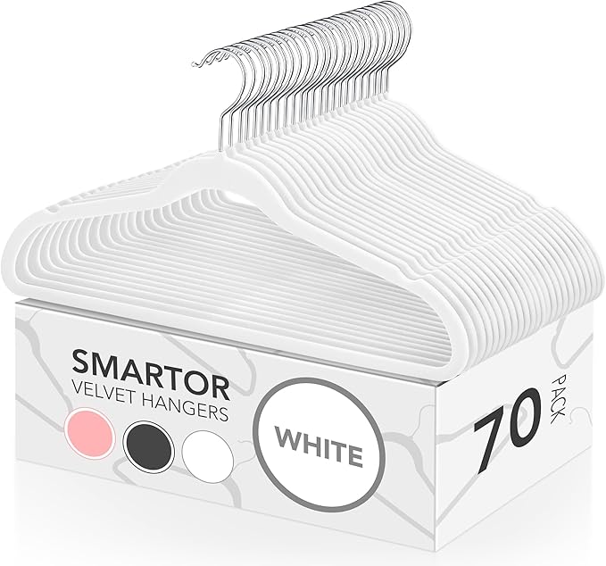 Smartor Velvet Hangers 70 Pack, White Non Slip Clothes Felt Hanger Heavy Duty for Coat, Premium Slim Space Saving Hangers for Closet Organizer and Storage, 360° Rotating Silver Hook