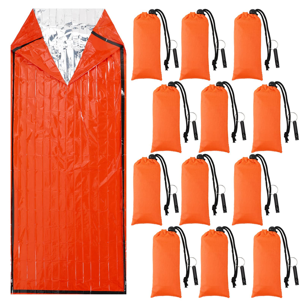 Qunclay 12 Set Emergency Sleeping Bag Survival Bivvy Sack Blanket with Whistles Lightweight Portable Thermal Survival Bag Thick Tent with Hood Extension Nylon Stuff Sack (Orange,82.7 x 35.4 in)