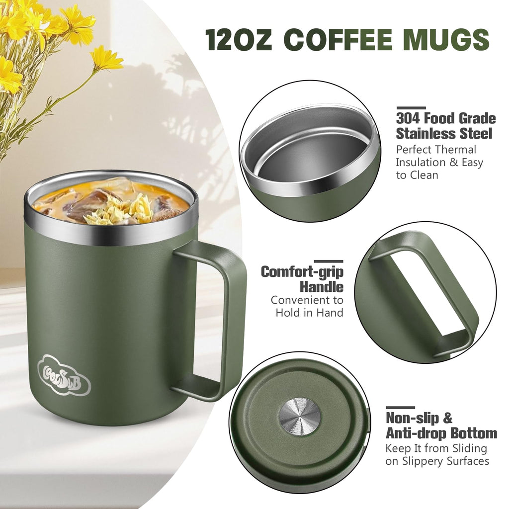 CoolSub 12oz Insulated Coffee Mug with Handle, Stainless Steel Wide Mouth Travel Tumblers with Lid, Double Wall Vacuum Coffee Cup for Camping, Office, Army Green 4 Pack