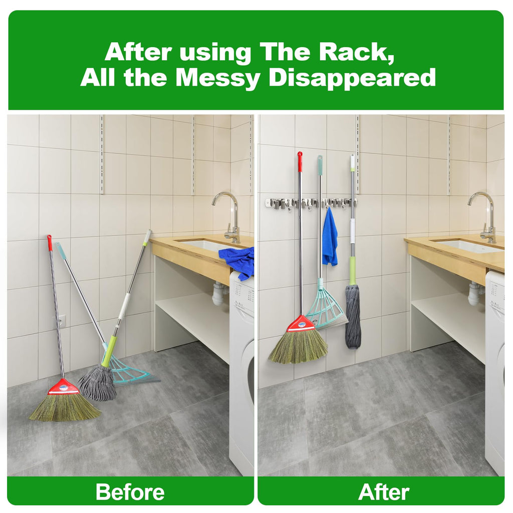 3 Racks and 4 Hooks Mop and Broom Holder Wall Mount