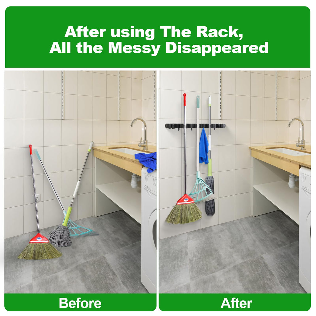 2 Pack] 5 Racks and 4 Hooks Mop and Broom Holder Wall Mount (2 Count)