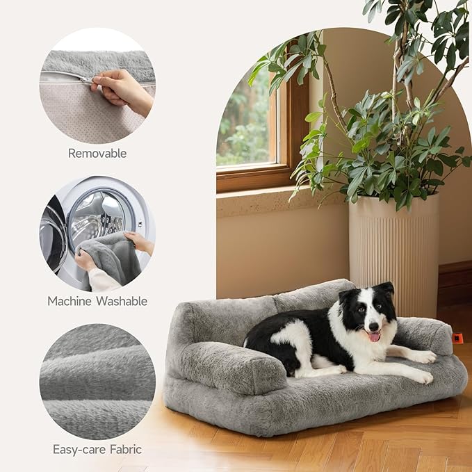 MEWOOFUN Cat Bed for Indoor Cats, Washable Dog Beds for Small Medium Dogs & Cats, Fluffy Cat Couch with Non-Slip Bottom (Grey, 33.5" L x 25.6" W x 11.5" Th)