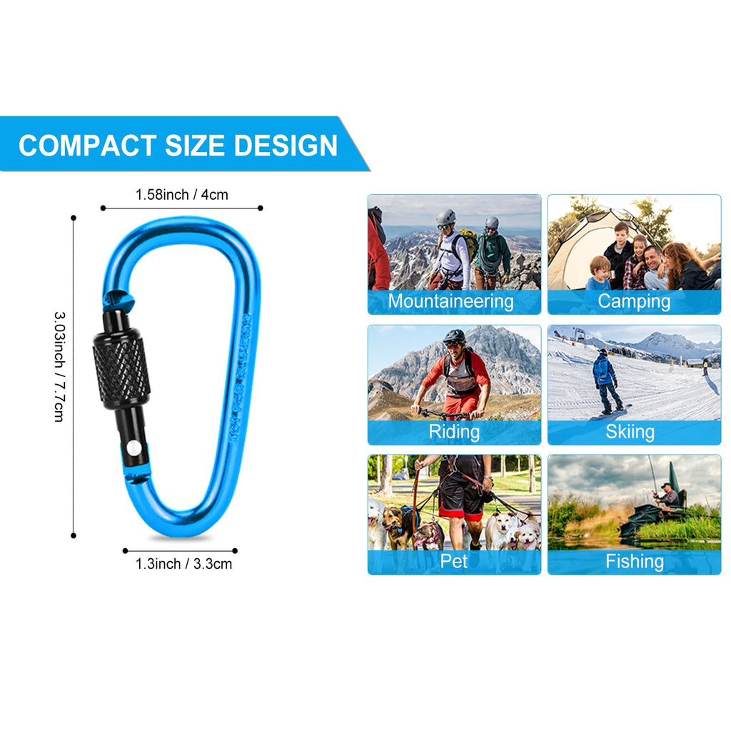 10 Pack Aluminum D Ring Key Rings Hiking Clips Locking Carabiner for Hiking Camping Fishing and Outdoor Use，Clips with Screw Gate Multicolored