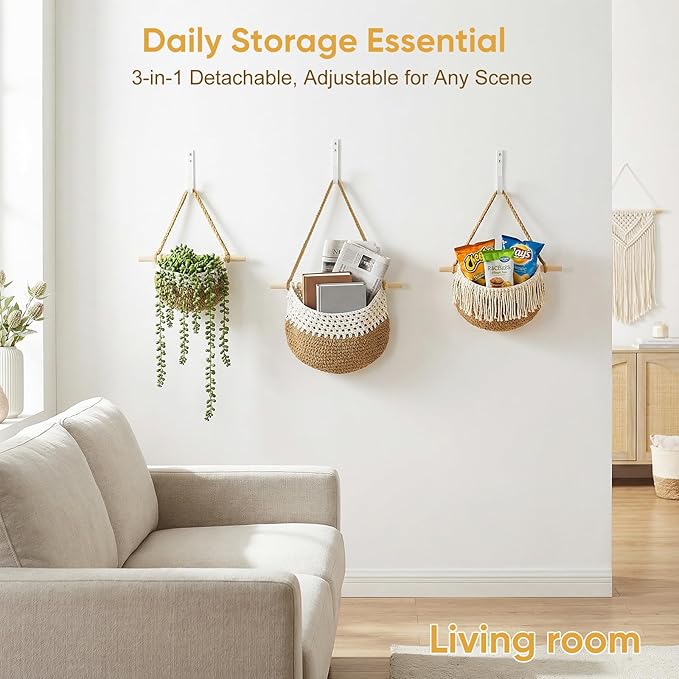 Macrame 3-Tier Hanging Wall Basket, Handwoven Jute Storage Organizer, Boho Decor for Kitchen, Bathroom, Living Room, Natural Cotton Rope Fruit Holder (White)