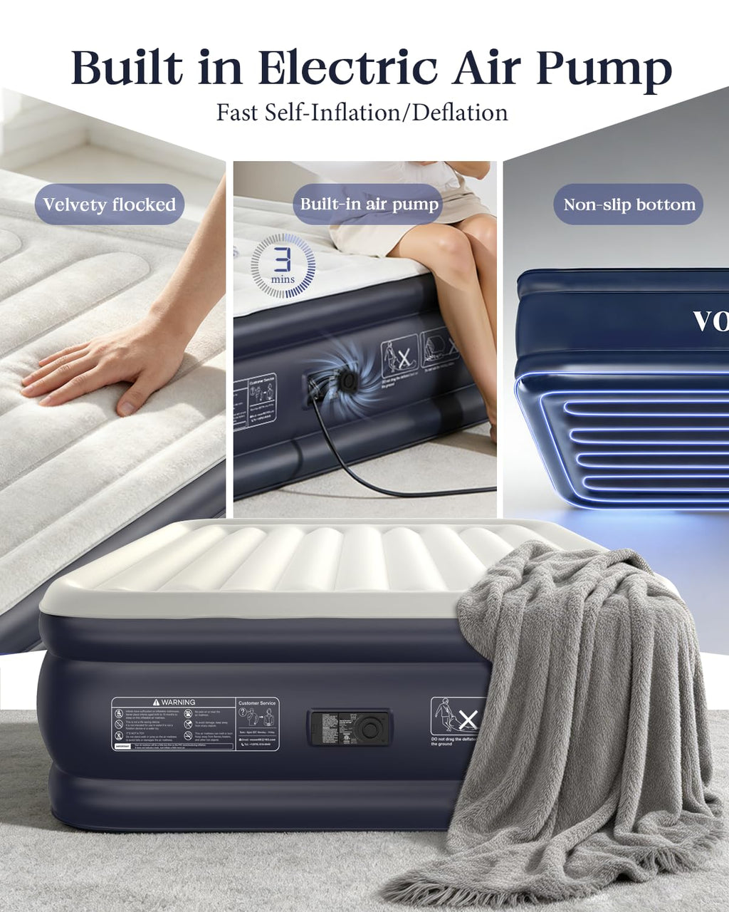 VOSSER Air Mattress Queen with Built-in Pump, Blow up Bed,18" Raised