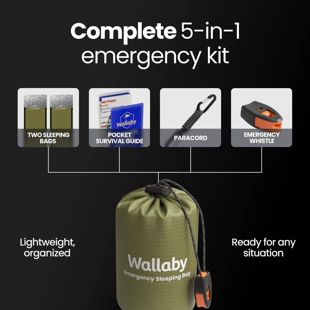 Wallaby 2-Pack Emergency Mylar Sleeping Bags with Nylon Pouches, Whistle Pull & Paracord with Carabiners, Free Survival Guide – Hiking, Survival (Green)