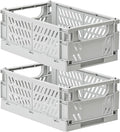HUUSMOT 2-Pack Small Pastel Plastic Storage Baskets, Collapsible Crates for Organizing, Space-Saving Mini Bins for Classroom, Kitchen, Office, Bedroom (Grey, 9.8" x 6.5" x 3.8")